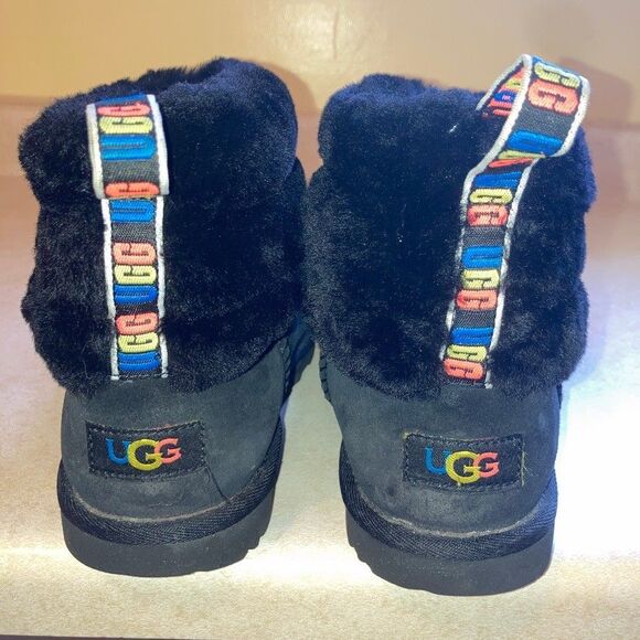 UGG Suede Boots Mini Fluff Quilted Sz 7 EU 38 Black Slip On Fur Top 3 Color Logo - Picture 4 of 10